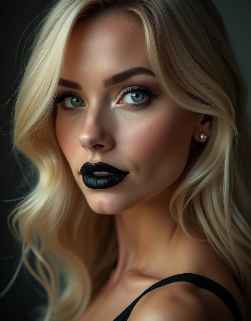A close-up shot captures the mesmerizing gaze of a stunning 3 American woman. Her wavy blonde locks cascade over her right eye, framing her striking features. Thin arched eyebrows and double eyelids accentuate her piercing clear blue eyes, gleaming like polished gemstones. A smooth nose and elegant nostrils lead to luscious black lips, curled into a sultry smile. Her chiseled jawline and mature beauty radiate confidence, as if she's a work of art come to life.