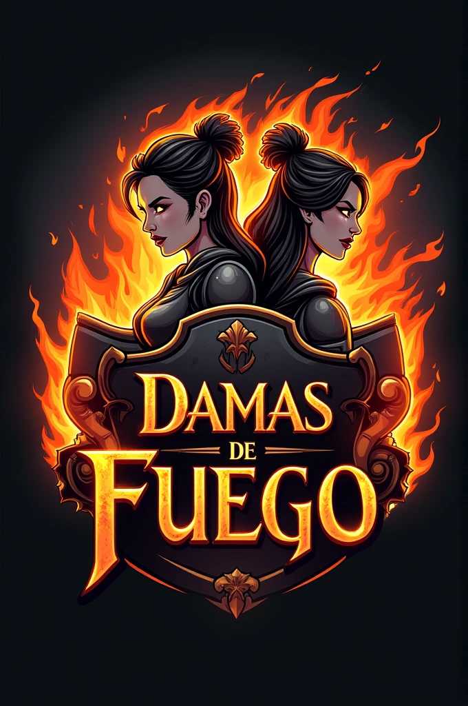 A logo for a female group called Damas de Fuego that contains the name and two female fighters whose shields are made of fire