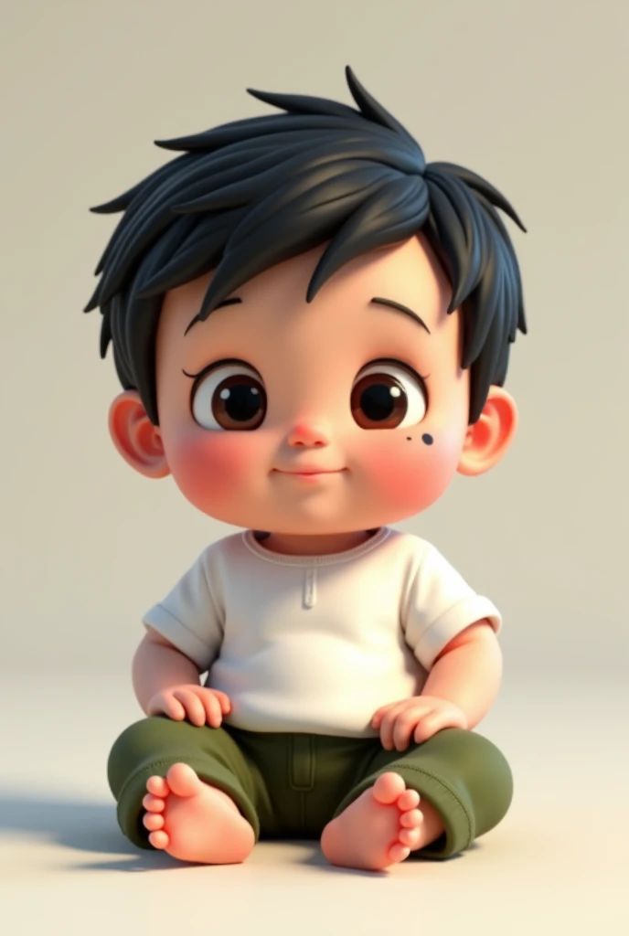 Image of a sitting baby with black hair, round eyes and a small spot on the left side of the cheek wearing a white shirt and military green pants in Pixar 3D