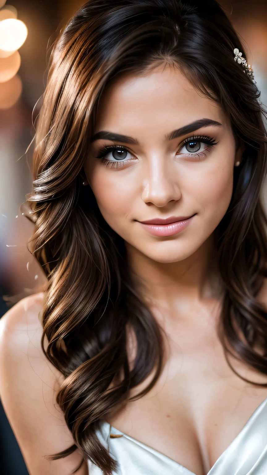 Realistic full body photo of a smiling, young brunette girl with high hair, She dances in front of the camera in a long A-line bridesmaid dress with straps made of shiny orange satin., Park,glamour fotoshooting, Wedding celebration, perfect anatomy, perfect brown eyes. Perfect hands with 5 fingers on each hand, Matching girl, looking at the camera, 1 Frau. (Eye make up:1.1), (highly detailed skin:1.1), spirit, analog style, keen focus, 8K UHD, dslr, good quality, Fujifilm XT3, Grain, Award-winning, masterpiece. Wedding celebration