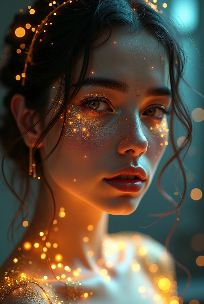 arafed woman with gold and glitter on her face, glowing magical shiny skin, glowing face, 8k artistic portrait photography, brandon woelfel, glowing with colored light, beautiful digital artwork, unreal engine : : rave makeup, beautiful fantasy portrait, fantasy portrait, cgsociety portrait, artem demura beeple, stunning digital illustration, glowing details