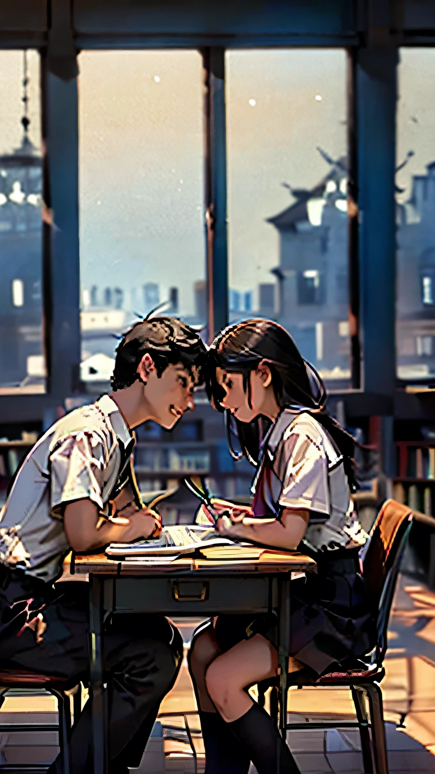 Create an anime-style image set in a bright and cozy library. The scene features two high school students, a boy and a girl, sitting side by side at a wooden desk. The boy is wearing a cutter shirt with a tie and pants, while the girl is dressed in a sailor-style uniform with a skirt. They are sitting side by side, with open books spread out on the desk in front of them, studying together. Both students are holding pens, writing something in their notebooks while looking at the books on the desk. They are smiling and enjoying each other's company. The scene is viewed from the front, showing their faces and the warm, soft light illuminating the space, creating a cheerful and pleasant atmosphere. In the background, large windows reveal a clear summer sky with vibrant blue colors, enhancing the fresh and lively ambiance. The bookshelves filled with books further emphasize the library setting.