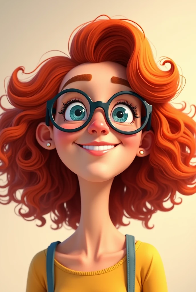 Red curly hair, woman, round bottom glasses, animated, smile, blue eyes, small neck
