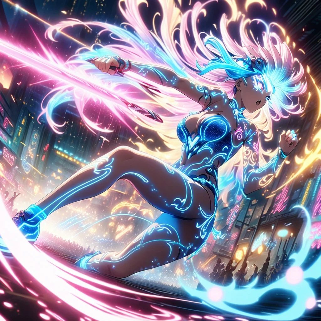 Action scenes,battle,Anime Screenshots、 Artistic anime illustration of a woman adorned with glowing neon magic tattoos all over her body and face。 The tattoos on his arms and legs are a mix of pink, blue and white runes.、It emits a neon light。 She has long, flowing hair.、、 This scene has a dreamy soft focus effect.、 It emphasizes the dreamy glow of the tattoo.、front,Slashing,neon,fighting,sppining