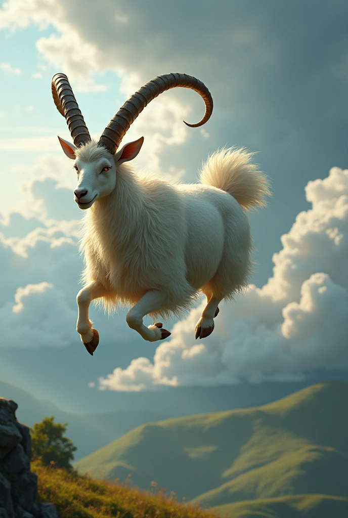 A flying goat with big horns 
