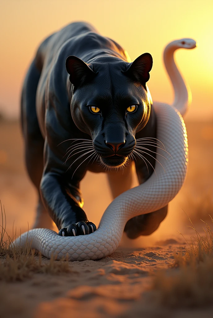 A hyperrealistic 3D painting illuminated by the light of the setting sun, featuring a melanistic black panther with glowing yellow eyes pouncing on an albino python in the middle of the African savannah.. Focus on the anatomical details of animals, with gleaming panther fur and smooth snake scales. Add dramatic elements like swirls of flying dust and the panther's concentrated facial expression.."