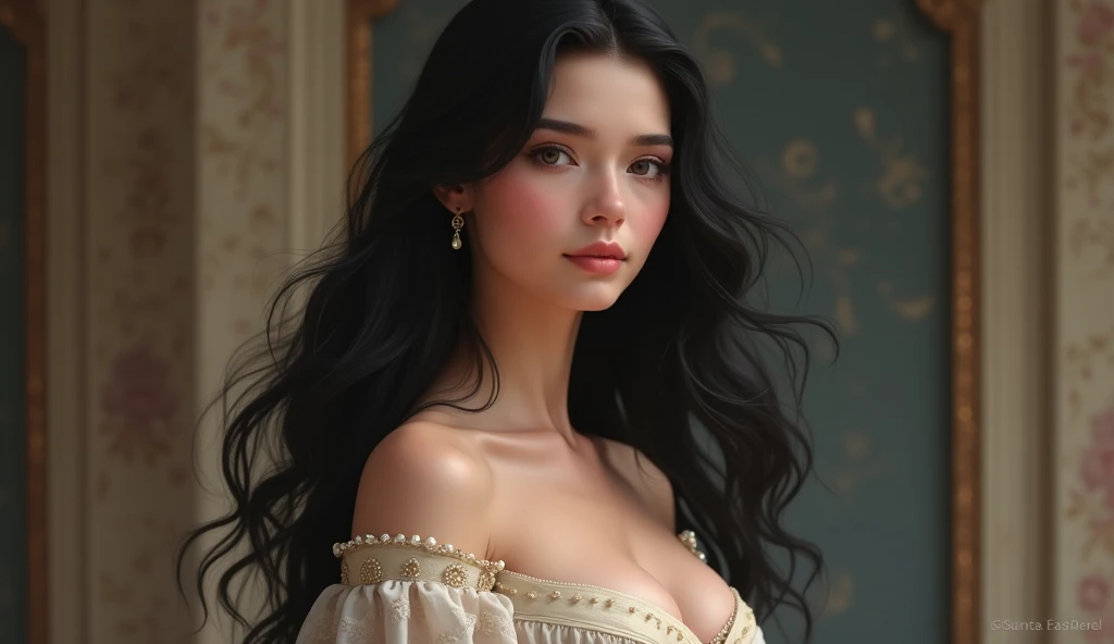 A beautiful princess portrait with long black hair royal modest dress, European lookalike