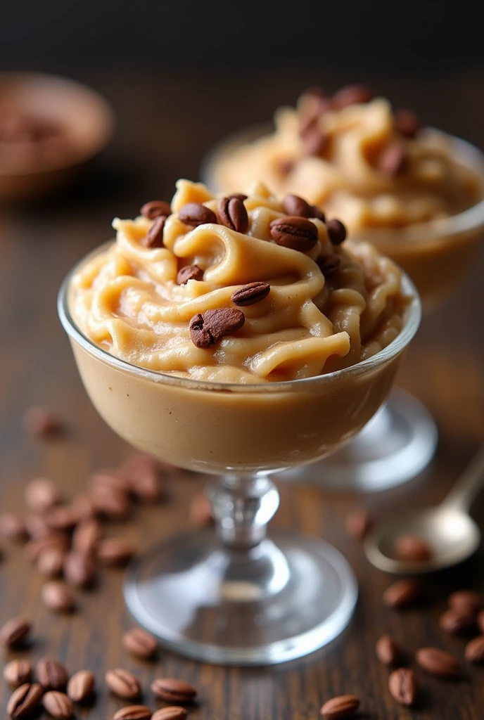 Please, Create an image as realistic and clear as possible of rice pudding served in a glass or candy bowl. The rice pudding should have a slightly brown color., due to the incorporation of coffee tequila as an ingredient. Make sure the glass is in focus, showing the creamy texture of rice pudding and the characteristic color. The image should highlight the elegant presentation of the dessert., with clear details and an appetizing appearance."