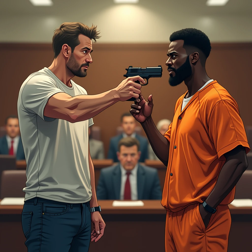 there is a white American dad with t shirt and jeans pointing a gun to a black man wearing a orange prison jumpsuit raising his both his hands, white dad holding a gun, courtroom scene, defense attorney, sakuga gunplay, photo illustration, court session images, in a courtroom, murder, courtroom drawing, sakuga mad gunplay, unarmed combat, in court, gunfire, , viral photo, murderous, courtroom sketch, gun fight, realistic image, 16k resolution, same detailed, white American dad pointing gun, black convict raises both hands