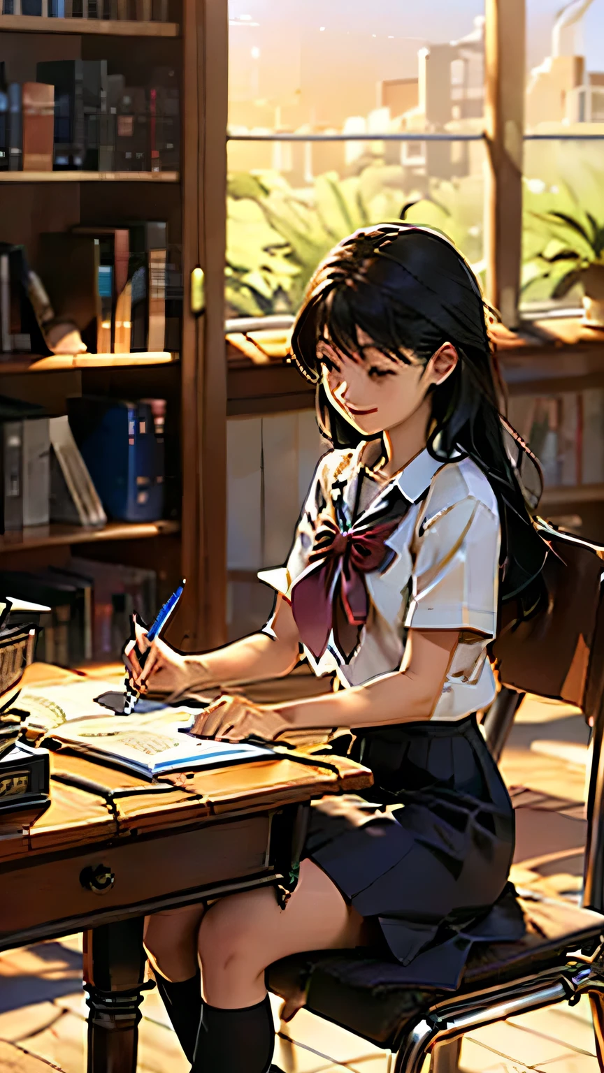 Create an anime-style image set in a bright and cozy library. The scene features two high school students, a boy and a girl, sitting side by side at a wooden desk. The boy is wearing a cutter shirt with a tie and pants, while the girl is dressed in a sailor-style uniform with a skirt. They are sitting side by side, with open books spread out on the desk in front of them, studying together. Both students are holding pens, writing something in their notebooks while looking at the books on the desk. They are smiling and enjoying each other's company. The scene is viewed from the front, showing their faces and the warm, soft light illuminating the space, creating a cheerful and pleasant atmosphere. In the background, large windows reveal a clear summer sky with vibrant blue colors, enhancing the fresh and lively ambiance. The bookshelves filled with books further emphasize the library setting.