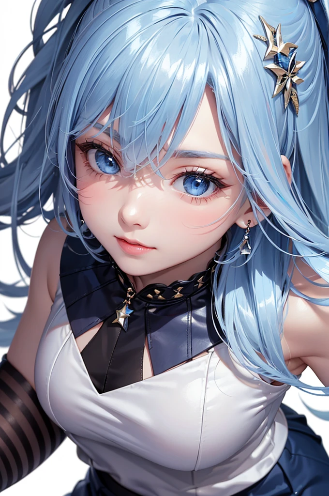 Best Quality,High resolution,8k,(plain white background, no patterns, no textures, just a plain white background:1.3),Masterpiece:1.2),beautiful girl,(focus face),Shiny light blue hair,messy hair,Beautiful light blue eyes,A girl with a cute, charming face, wearing a bold, stylish outfit. She has a sleek, navy blue sleeveless shirt paired with a tight-fitting skirt that accentuates her figure. The skirt is made from a shimmering material that catches the light, adding a touch of glamour. Her shirt features intricate patterns or metallic accents, making the outfit stand out. She accessorizes with statement jewelry, such as large earrings and a layered necklace, enhancing her fashionable and eye-catching style. Her hairstyle is trendy, perfectly complementing her cute face and flashy attire. The background is pure white, highlighting her bold yet adorable appearance,Gentle look,A refreshing look,smile,Best quality,Best Quality,Aesthetic and aesthetic:1.2,Best details((Super detailed))(High-definition CG illustrations),Slender body,smile,blush,cute,Scrounge,Looking up,Being spoiled,super model