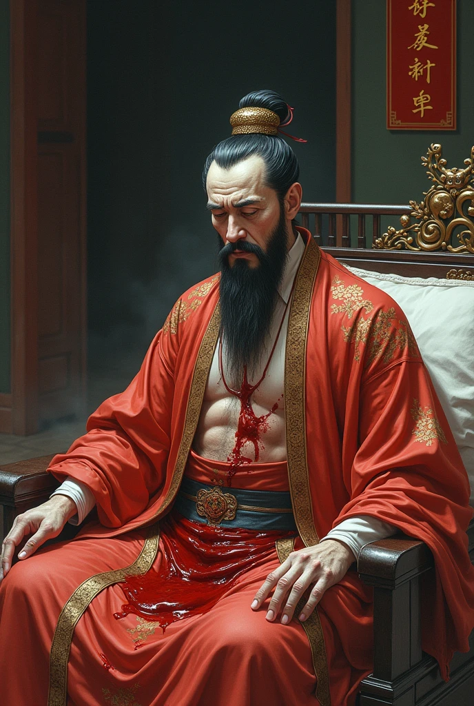 The emperor weak, sitting on the bed, vomiting blood, blood stains on mouth and chest, milky mucus oozing from groin, chinese style