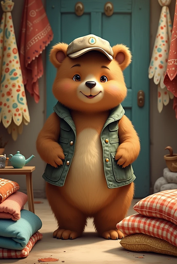 A little bear that sells bedspreads 
