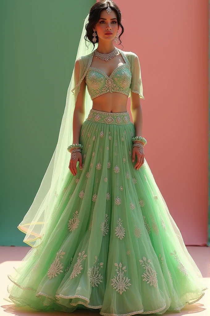 Pastel leaf Green and pink lehenga
Diamond Jewellery
Makeup - Dual pink green shimmer eyes with glossy lipstick