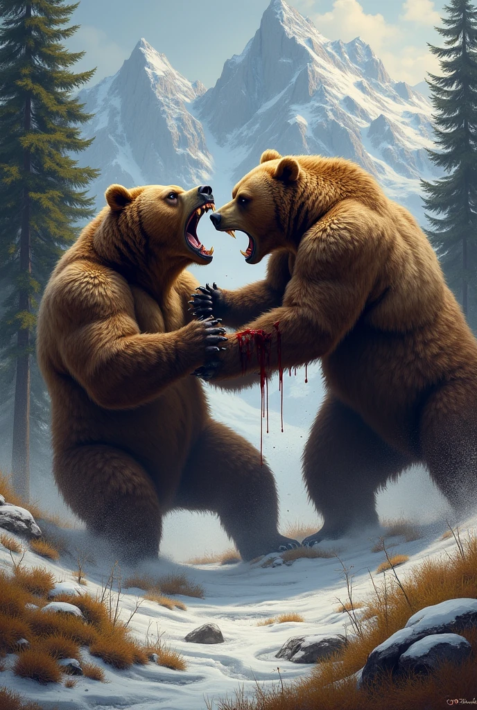Two massive Grizzly bears fighting to the death in order to mate with a female; you can see their fierce sharp teeth and a deadly look on both bears; there is blood on the necks of both bears; masterpiece;