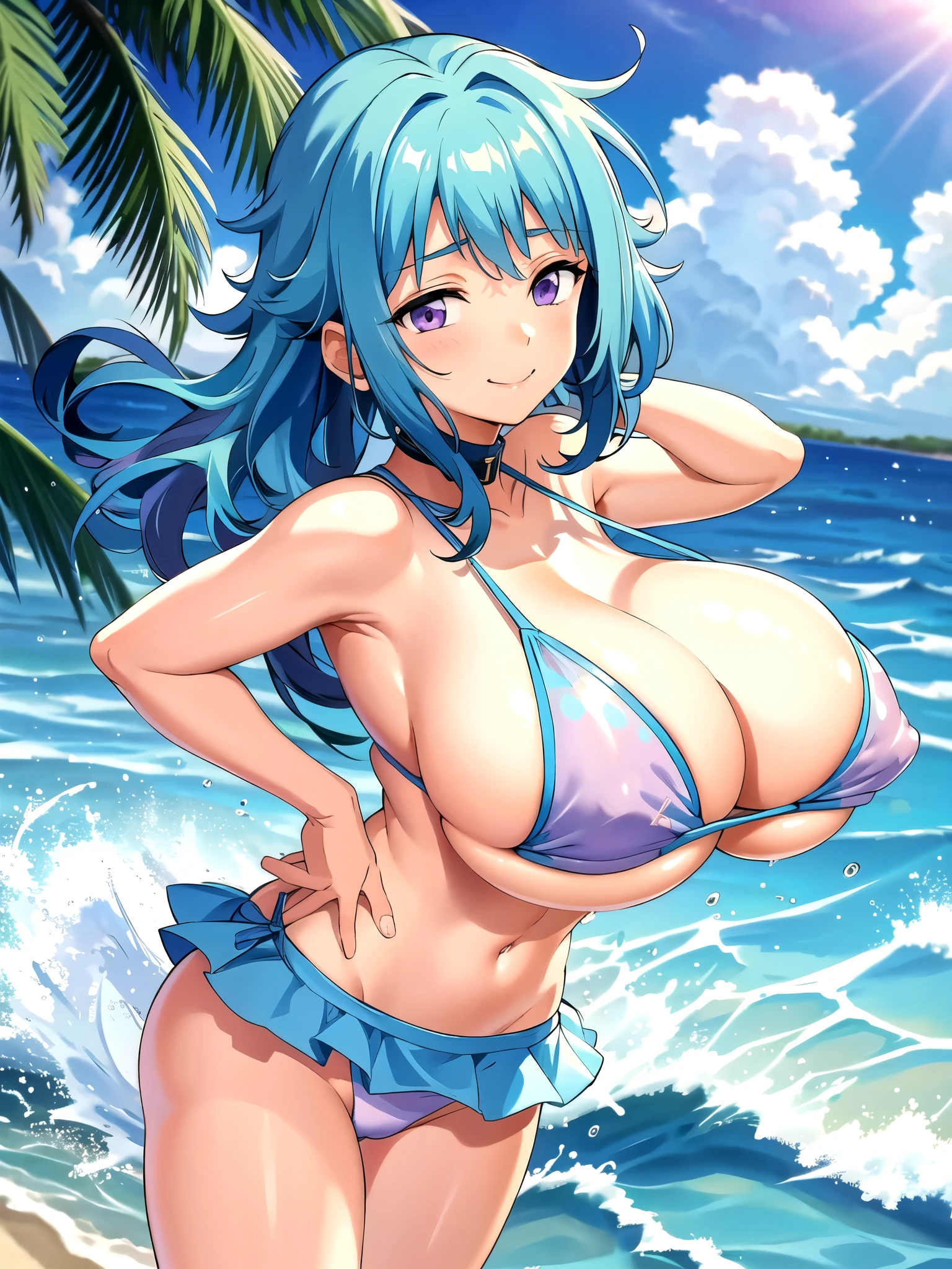 ,thin,,thin waist, cute bikini,Shy, Sparkling Eyes
Solo,, beach,Smile,long hair, ((huge breast)), Water Splash,blue hair,Purple Eye