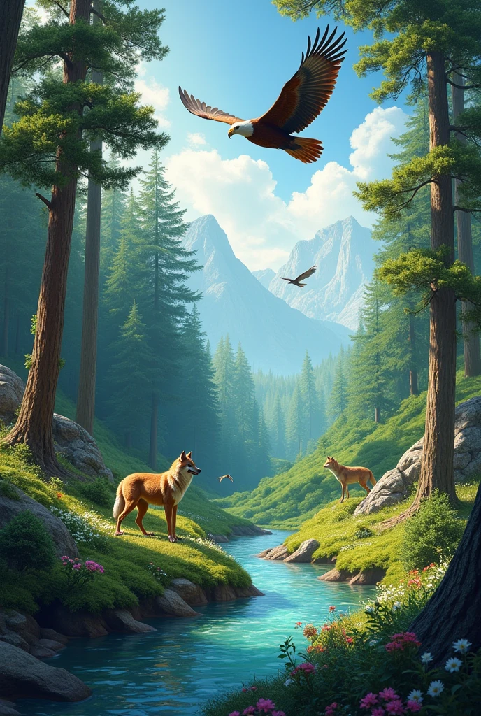 Nature's with some bids and animals, eagle,wholf