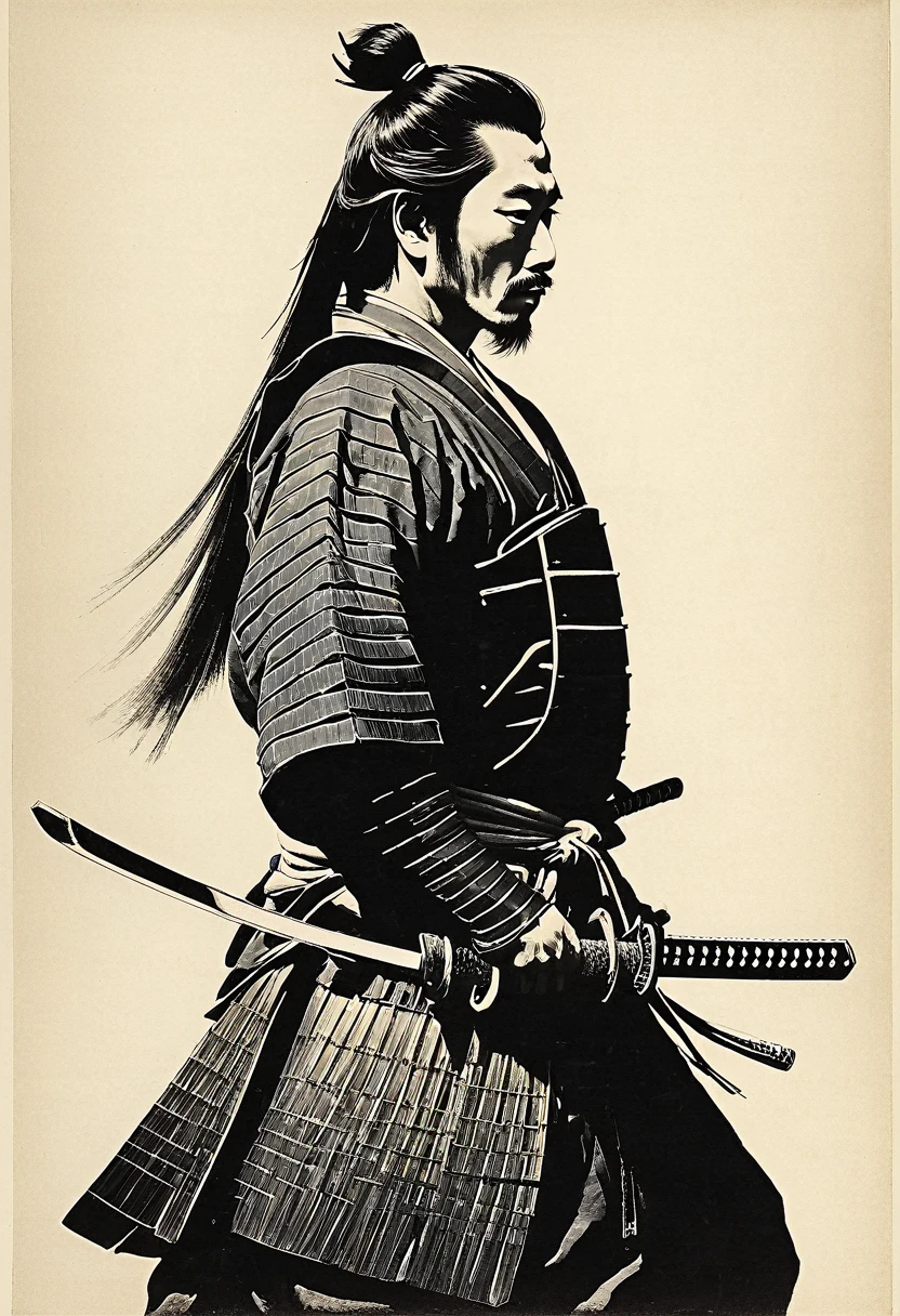 A samurai warrior with his sword in profile
