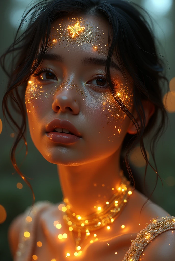 arafed woman with gold and glitter on her face, digital art by Adam Marczyński, cgsociety contest winner, digital art, glowing magical shiny skin, glowing face, 8k artistic portrait photography, brandon woelfel, beautiful digital artwork, glowing with colored light, unreal engine : : rave makeup, beautiful fantasy portrait, fantasy portrait, cgsociety portrait
