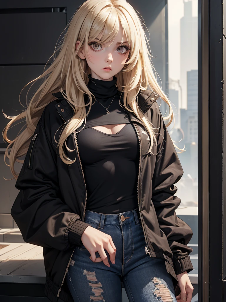 (best quality), 1girl, female, pale skin, (black hair), blonde ombre, medium hair, messy hair, messy bangs, hair over eyes, (brown eyes), perfect eyes, dark circles under eyes, skinny body, scowl, goth girl, oversized jacket, turtleneck, ripped jeans, flat chest, childish, masterpiece, anatomically correct, highres
