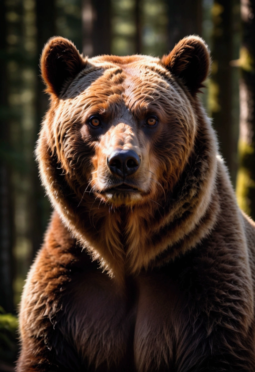 Brown Bear, a brown bear, detailed fur texture, standing in a forest, sunlight filtering through the trees, beautiful detailed eyes, detailed face, highly detailed, 8k, cinematic lighting, dramatic shadows, vibrant colors, award winning photography, masterpiece, best quality, very aesthetic, absurdres