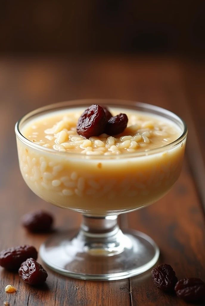 Please, Create an image as realistic and clear as possible of rice pudding served in a glass or candy bowl. The rice pudding should have a slightly brown color due to the addition of coffee tequila as an ingredient.. Make sure to include raisins in your rice pudding to add a touch of texture and flavor.. The glass must be well focused, showing the creamy texture of rice pudding, the characteristic color and visible raisins. The image should highlight the elegant presentation of the dessert., with clear details and an appetizing appearance."


