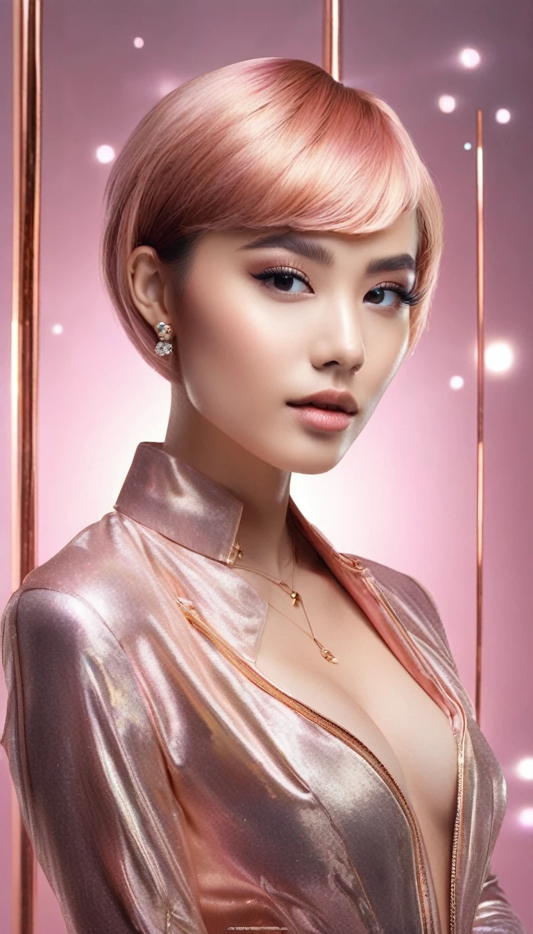 Female, Human, young, Endomorphic build, Fair skin tone, Rose gold hair, Medium length, Simple hairstyle, Diamond face shape, Prominent eyes, Thin lips, Medium eyebrows, Soft arch shape, Small nose, Straight nose shape, dressed in high-tech clothing