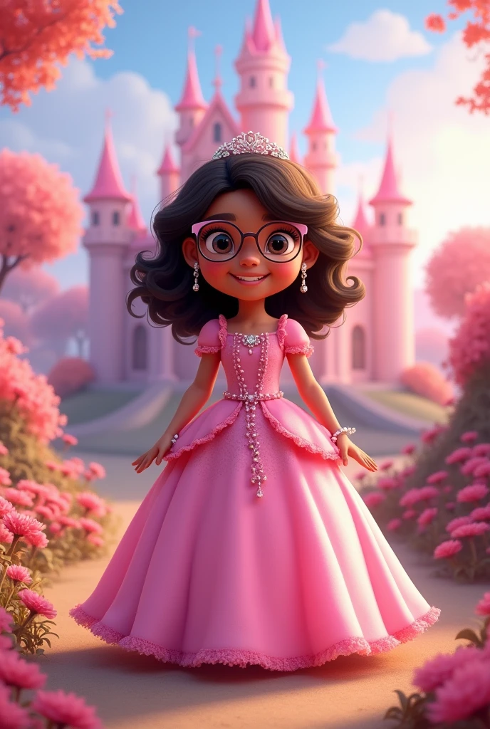 Little princess, full body image, , pink dress with flared skirt to the floor, wears glasses and a crown, eyes browns, brown skin, smiling, shoulder length hair, curly and dark brown, in the background landscape pink castle

