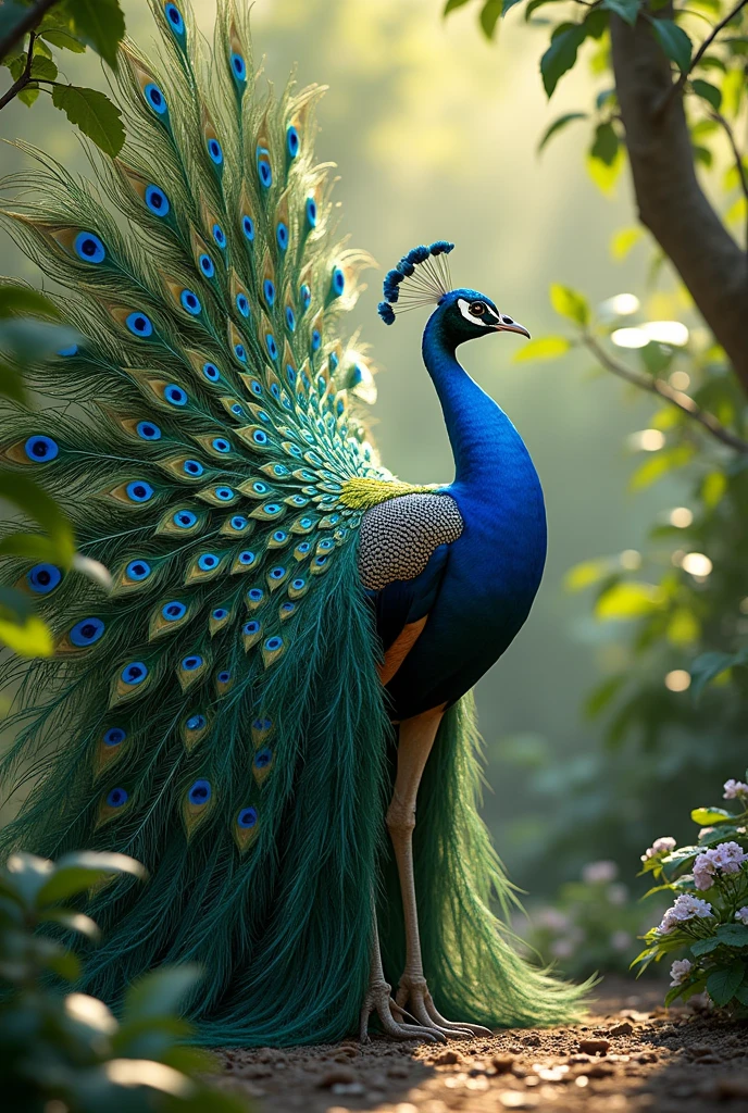 A resplendent peacock in full display, its vibrant plumage a mesmerizing tapestry of blues, greens, and golds that shimmer and dance in the dappled sunlight filtering through the dense foliage of a lush garden. The peacock stands tall and proud, its neck arched gracefully as it fans out its magnificent tail feathers, creating an eye-catching train that stretches over six feet wide. Each feather is adorned with an intricate pattern of iridescent ovals, known as "ocelli," that seem to pulse with life and color. The surrounding area is cast in a soft, warm glow, highlighting the stark contrast between the bird's opulent attire and the emerald green backdrop of leaves and branches. The peacock's head, crowned with a fan of shorter, more subdued feathers, tilts slightly as it locks eyes with an unseen admirer, its sharp beak hinting at the confidence behind its grand performance. The scene is alive with the subtle movements of nearby flora, swaying gently in a light breeze, while other garden creatures pause to witness the peacock's captivating spectacle. A sense of peace and serenity permeates the atmosphere, emphasizing the harmonious relationship between the peacock and its environment. The image captures a moment of pure beauty and nature's flamboyance, inviting viewers to marvel at the peacock's majesty and the silent conversation between the bird and its world.