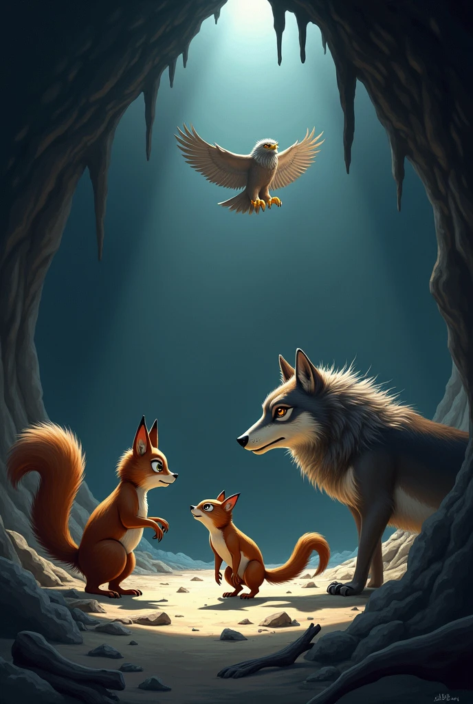 Make an illustration of a squirrel a wolf and an eagle in a cave