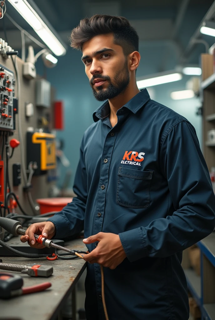 A young muslim  Electrician man with professional power tools in the service center and KRS Electrical text logo on him clothes