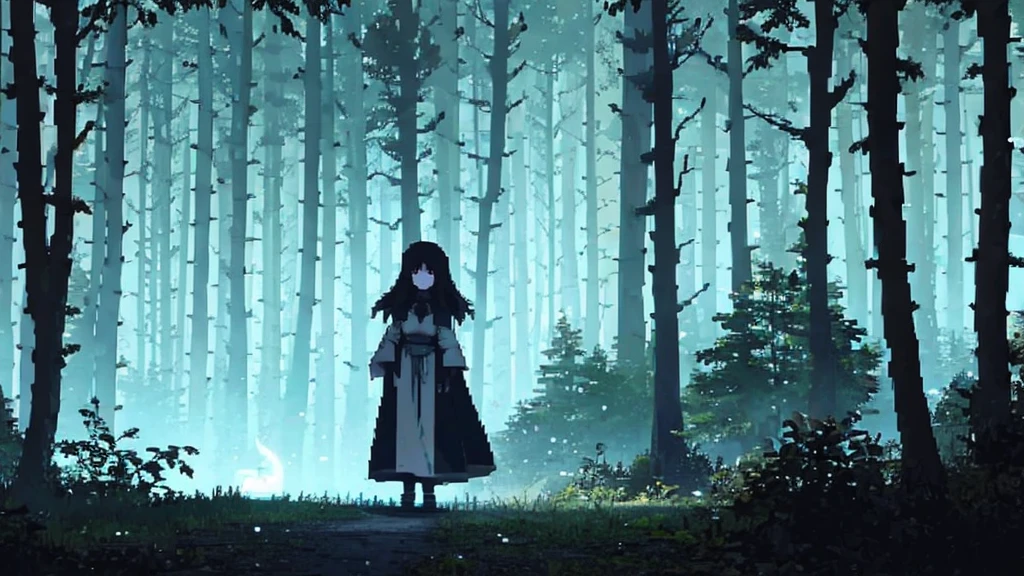 Ghost of a dead girl in a dark and gloomy forest. Middle Ages 