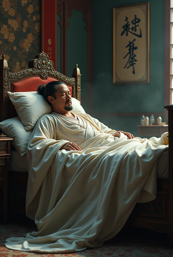 The emperor weak, sitting on the bed, milky mucus oozing from groin, chinese style