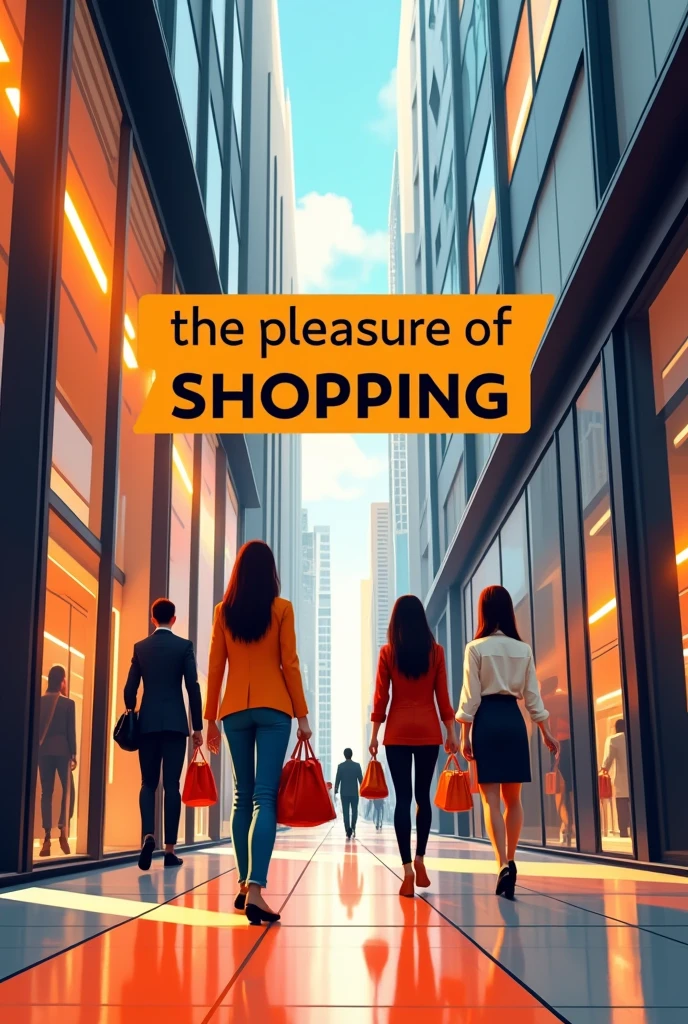 An image with the phrase " The Pleasure of Shopping " in two colors, orange and black. It has to be a modern and eye-catching image