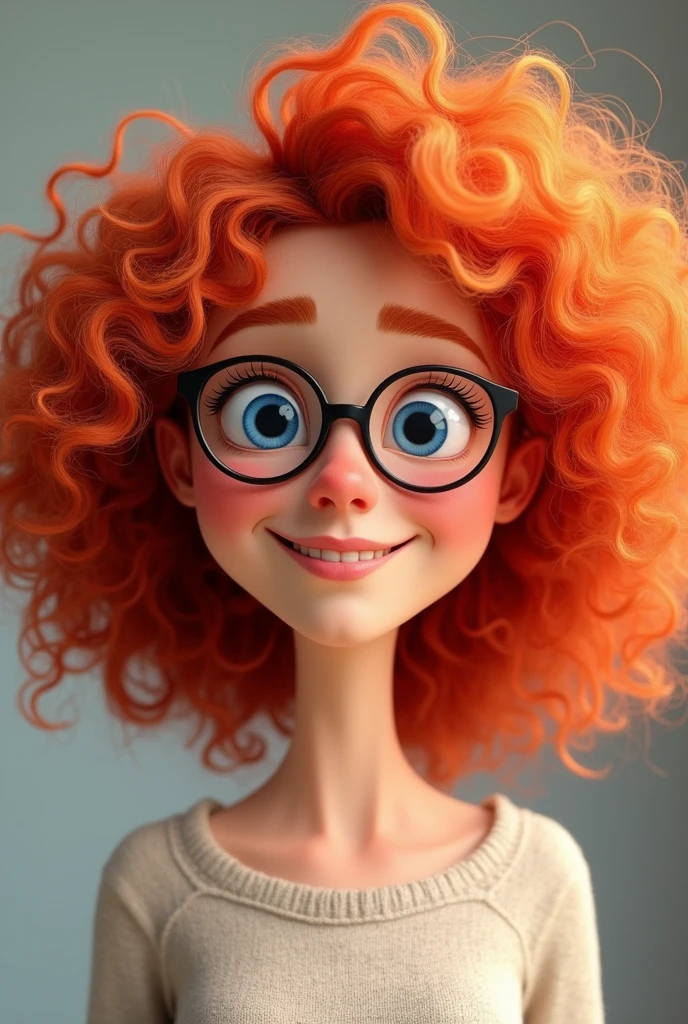 Red curly hair, woman, round bottom glasses, animated, smile, blue eyes, small neck, round face