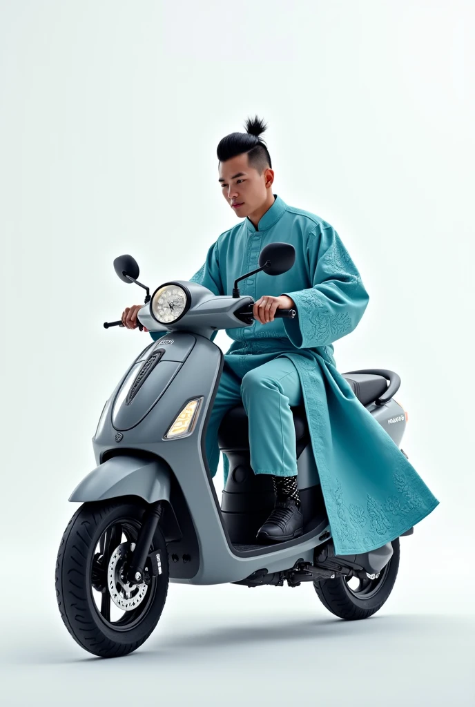 A 22 years  boy with mullet haircut riding a grey sporty ntorq scooter in Tibetan culture dress in blue color and while background 