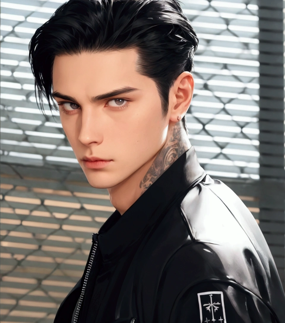 a burly man in a black jacket and tattoos on his neck, black hair hairstyle, Profile picture, ariana brand, Marco Lense, Sebastian Michaelis, head closeup, Jean Deville, glare, tiene una glare, head shot, linus sebastian, full head shot, closeup portrait, damian kryzwonos, High resolution, scott rack