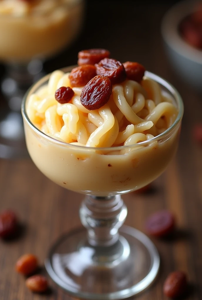 Please, Create an image as realistic and clear as possible of rice pudding served in a glass or candy bowl. The rice pudding should have a slightly brown color due to the addition of coffee tequila as an ingredient.. Make sure to include raisins in your rice pudding to add a touch of texture and flavor.. The glass must be well focused, showing the creamy texture of rice pudding, the characteristic color and visible raisins. The image should highlight the elegant presentation of the dessert., with clear details and an appetizing appearance."
