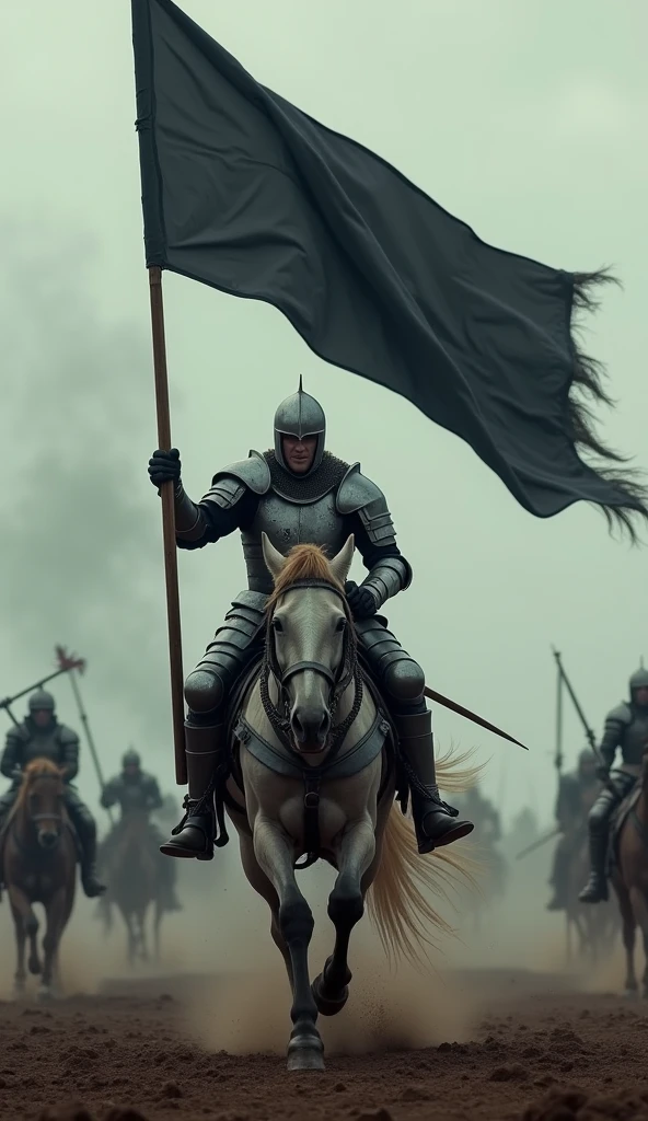 The image shows a man on a horse, holding a large black flag. He is wearing a helmet and armor, and appears to be in the middle of a battle. The horse is galloping through a muddy field, and there are other horses in the background. The sky is cloudy and there is a hint of smoke in the air. The overall mood of the image is dramatic and action-packed.