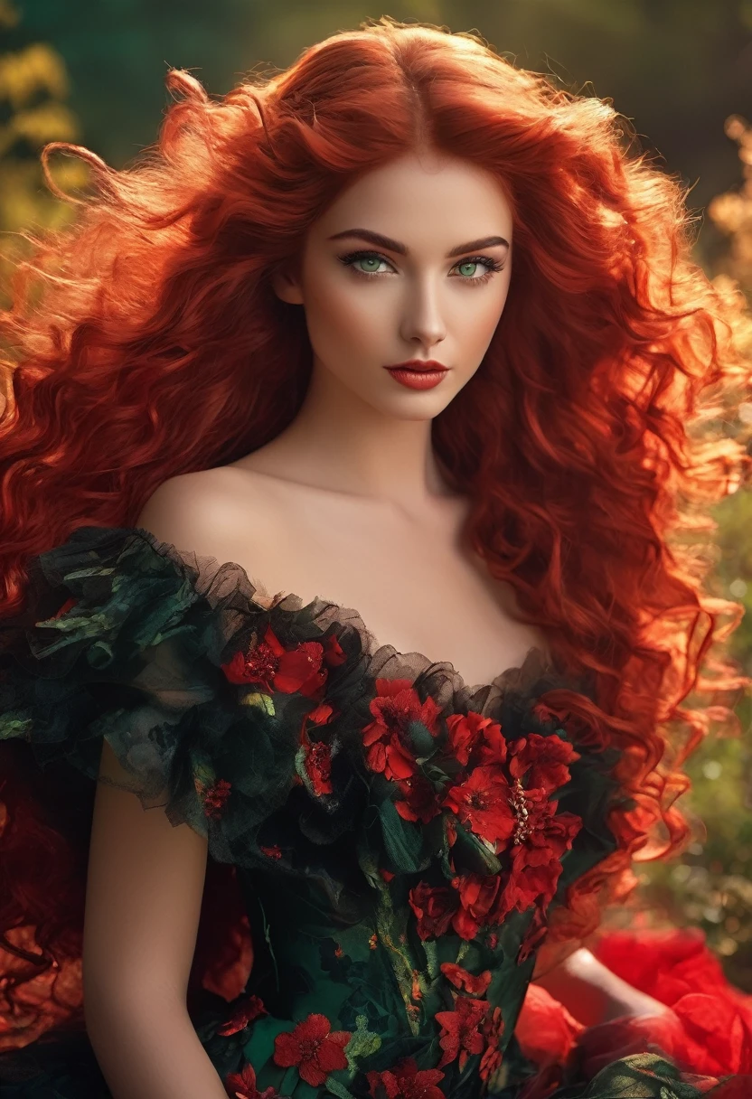 "A young woman in her 20s with a captivating look. Her elongated green eyes are framed by long lengths and well-shaped eyebrows. A vibrant red mouth complements the glowing skin of her face. Her long red hair, falling in defined curls on one side from the head, are highlighted by a soft light emanating from behind. She wears a black and red floral tulle dress, with many detailed ruffles and exposed shoulders. highlight the scene. The image is in very high UHD quality, with meticulous attention to detail, in the highest quality, UHD.
