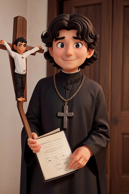 an old priest smiling in a black old cassock long sleeves, with a crucifix on chest, with a small catholic black biretta, with short curly brown hair, brown eyes, wide chin, with a halo, praying
