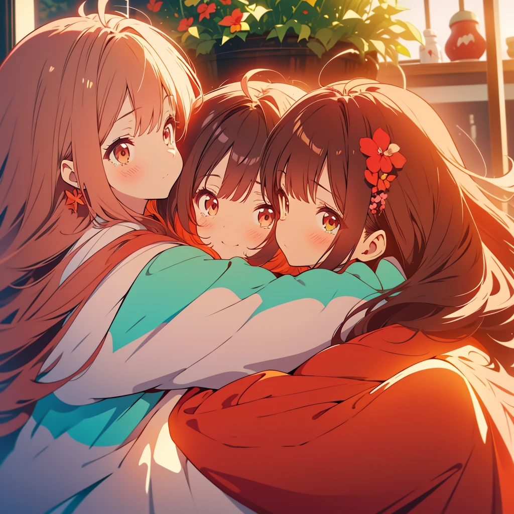 kawaii, anime, Cute, hyper quality, highly detailed, 8k, Clarity, Draw facial expressions in detail, red balsam, Impatiens balsamina, colorful balsam, A young girl with light pink hair and scarlet eyes., A girl with long dark brown hair and green eyes, smile, Dynamic feeling, whole body, hug, tears, Overflowing feelings, drawing two people, hug and kiss, hoodie, height difference,