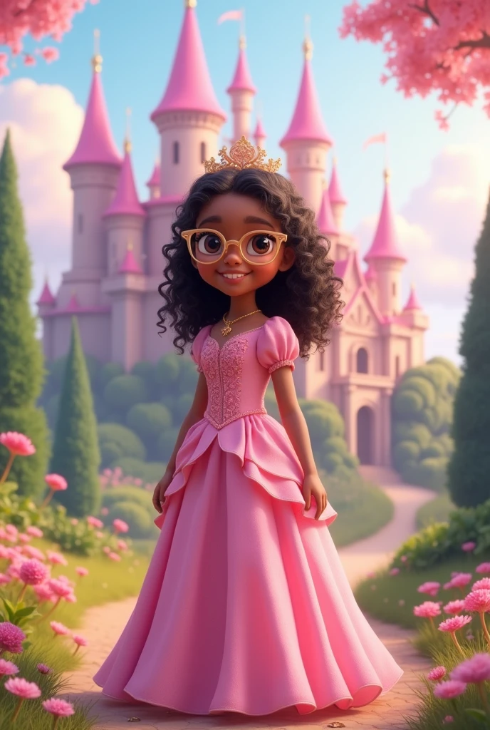  princess, full body image, , pink dress with flared skirt to the floor, wears glasses and a crown, eyes browns, brown skin, smiling, shoulder length hair, curly and dark brown, in the background landscape pink castle

