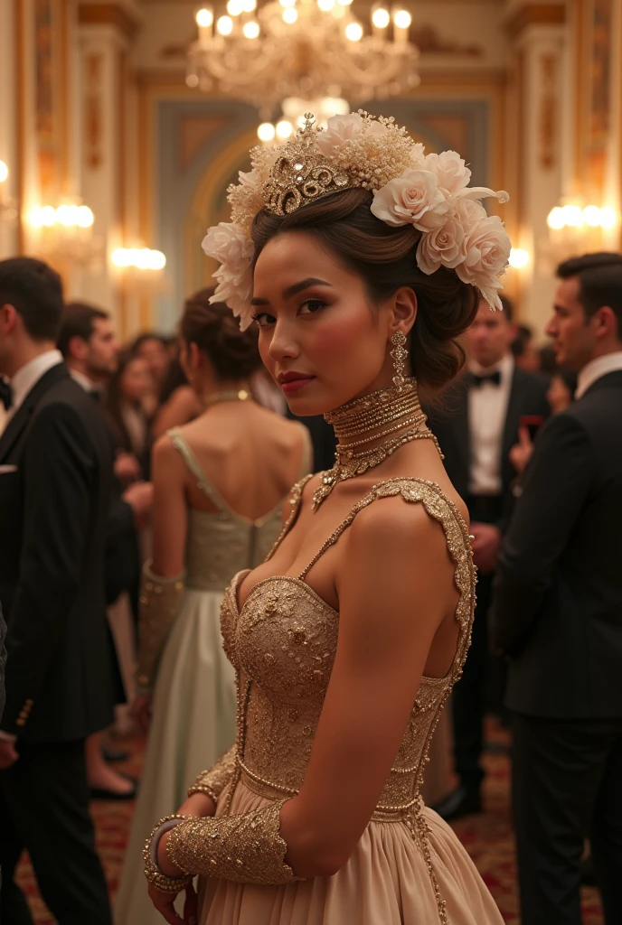 At the charity event, recreated in the style of photorealism, the hall is filled with a high society glamorous atmosphere. Elegant ladies in sumptuous outfits with plumes and diamonds glitter against the backdrop of an exquisite interior filled with flowers and candles. In their company whispered refined conversations and sounds of music create an atmosphere of magic.
Supported by solid gentlemen, in expensive suits and with exquisite accessories, delicately communicate with ladies, surrounding them with care and attention. Their confident movements and noble manners captivate the eye, creating the impression of powerful and influential personalities.
Anthropomorphic cyborgs stand out among the guests, blending into the crowd indistinguishable from real people. Their metallic details and cybernetic patterns attract attention and draw interesting glances. Their presence adds mystery and wonder to the already rich festive atmosphere of the charity event, best quality, high quality, absurdres, masterpiece, beautiful, intricate details, 1/2 body crop, slim body, beautiful figure, magnificent anatomy, (intricate details:1.12), HDR, (intricate details, hyper-detailing:1.15), (natural skin textures, hyper realisitc, soft light, Sharp:1.2)