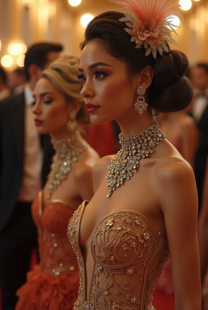 At the charity event, recreated in the style of photorealism, the hall is filled with a high society glamorous atmosphere. Elegant ladies in sumptuous outfits with plumes and diamonds glitter against the backdrop of an exquisite interior filled with flowers and candles. In their company whispered refined conversations and sounds of music create an atmosphere of magic.
Supported by solid gentlemen, in expensive suits and with exquisite accessories, delicately communicate with ladies, surrounding them with care and attention. Their confident movements and noble manners captivate the eye, creating the impression of powerful and influential personalities.
Anthropomorphic cyborgs stand out among the guests, blending into the crowd indistinguishable from real people. Their metallic details and cybernetic patterns attract attention and draw interesting glances. Their presence adds mystery and wonder to the already rich festive atmosphere of the charity event, best quality, high quality, absurdres, masterpiece, beautiful, intricate details, 1/2 body crop, slim body, beautiful figure, magnificent anatomy, (intricate details:1.12), HDR, (intricate details, hyper-detailing:1.15), (natural skin textures, hyper realisitc, soft light, Sharp:1.2)