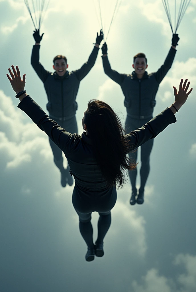 A woman parachuting with three other men. Beautiful black haired woman. All dressed in black 