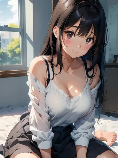 In the bedroom in the morning, A long black haired anime girl was sitting on the bed, Straight black hair that flows down to the shoulders, She is depicted from the front, Looking at you with a smile, She leans forward slightly to emphasize her breasts., Her cute自然なアニメの顔は、The perfect mix of cuteness and realism., He has brown eyes that shine with a mysterious brilliance., Her cute, Realistic portraits brought to life in 3D anime style, Highly detailed background and perfect shadows highlight her attractive features., The subtle play of light and HDR creates a fascinating depth., She looks so photorealistic, Little young anime, The chest is large, Wearing a bra top