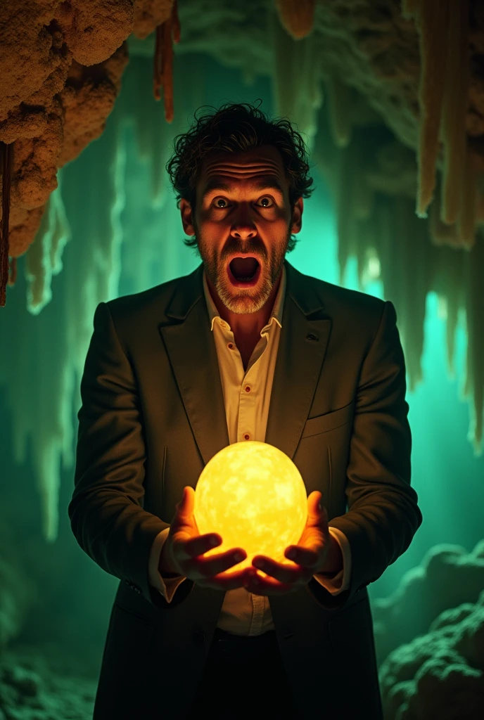 Henry Cavill, very surprised face,open mouth, crazy, with Medieval shirt, in a cave, with a magical cherimoya green in hand, which illuminates the cave, stalactites, strange cave paintings,8k, masterpiece