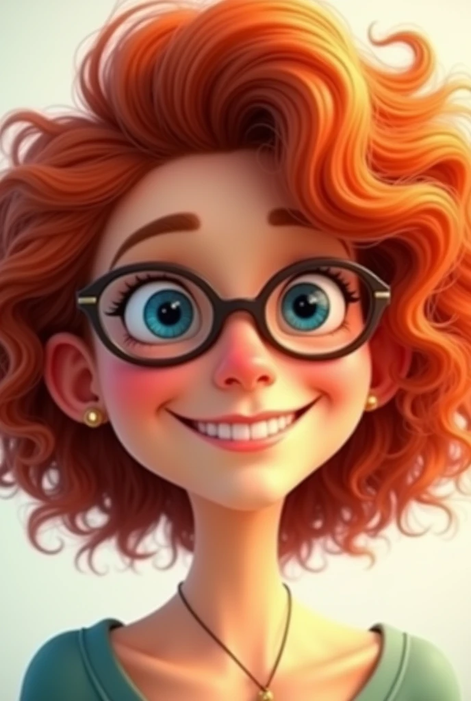 Red curly hair, woman, round bottom glasses, animated, smile, blue eyes, small neck, round face