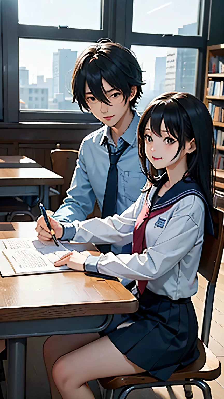 Create an anime-style image set in a bright and cozy library. The scene features two high school students, a boy and a girl, sitting side by side at a wooden desk. The boy is wearing a cutter shirt with a tie and pants, while the girl is dressed in a sailor-style uniform with a skirt. They are sitting side by side, with open books spread out on the desk in front of them, studying together. Both students are holding pens, writing something in their notebooks while looking at the books on the desk. They are smiling and enjoying each other's company. The scene is viewed from the front, showing their faces and the warm, soft light illuminating the space, creating a cheerful and pleasant atmosphere. In the background, large windows reveal a clear summer sky with vibrant blue colors, enhancing the fresh and lively ambiance. The bookshelves filled with books further emphasize the library setting.